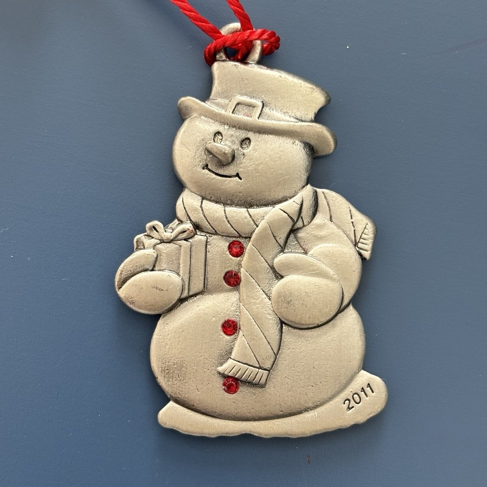Avon 2011 Pewter Ornament Snowman Red Rhinestones Tassle Holiday Winter Decor